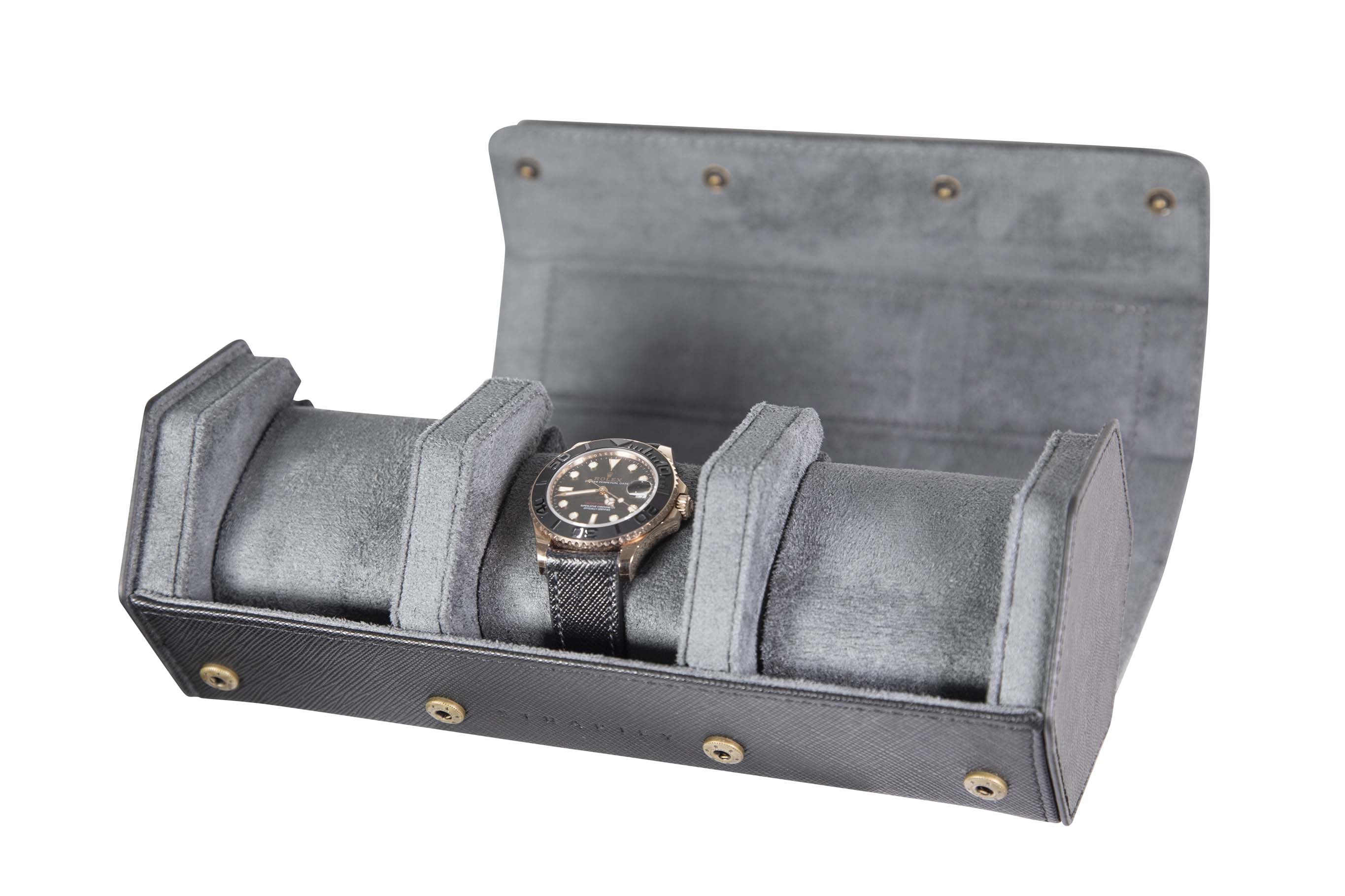Jefferson - 3 Watch Roll - Saffiano Black | Grey Velvet