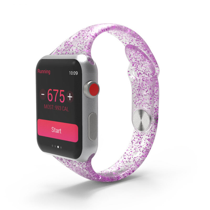 Purple glitter silicone loop band for smartwatch with running fitness tracker display showing 675 calories burned