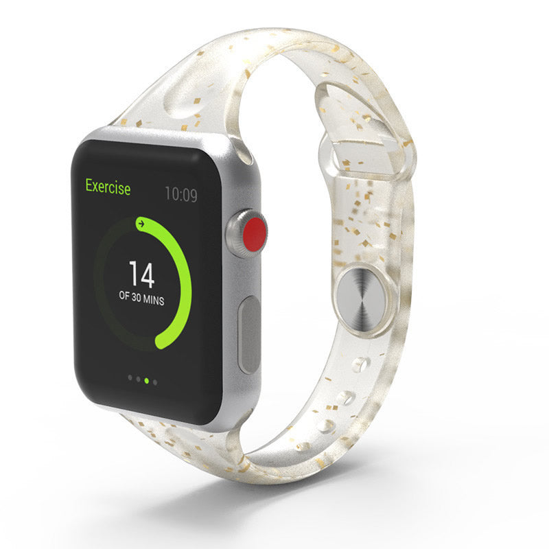 Smartwatch with cream and gold speckled jelly loop band displaying exercise tracking at 14 of 30 minutes