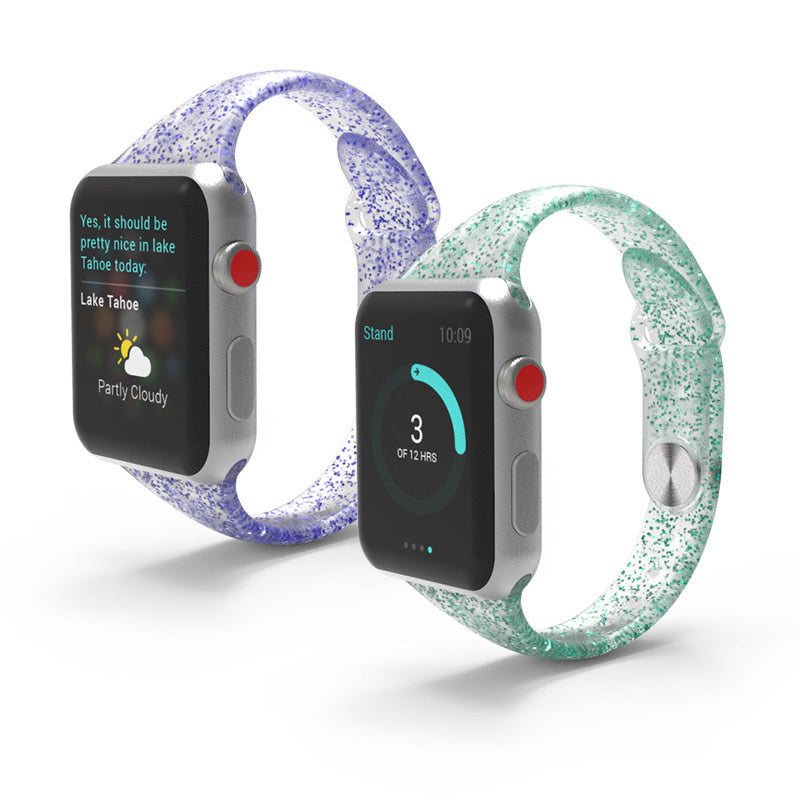 Smartwatch with glitter-filled jelly loop bands in purple and mint green, displaying weather and activity tracking apps