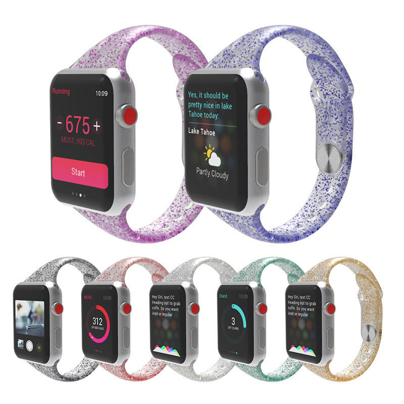 Smartwatch with glitter jelly loop bands in purple, blue, silver, rose gold, green and gold displaying fitness tracking and weather apps