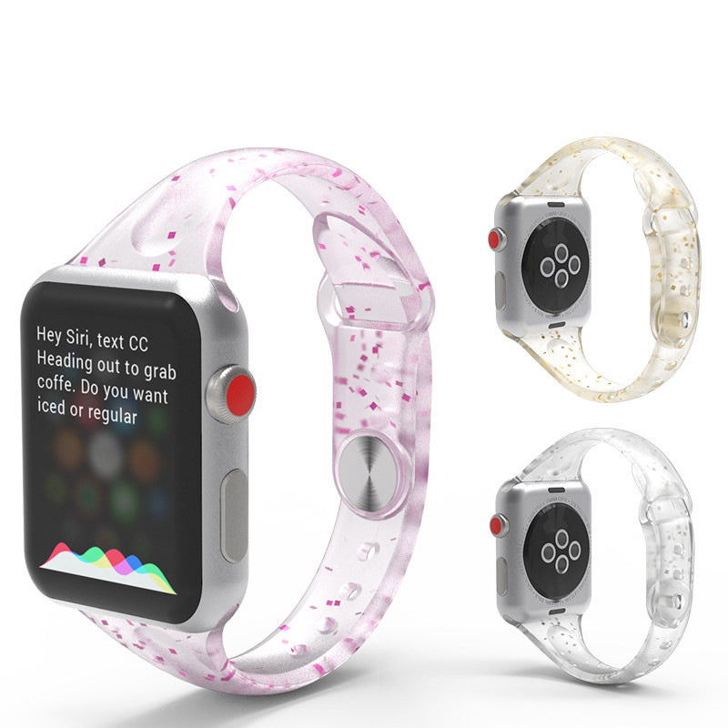 Pink and clear silicone Jelly Loop bands for Apple Watch with geometric pattern design, shown in three color options