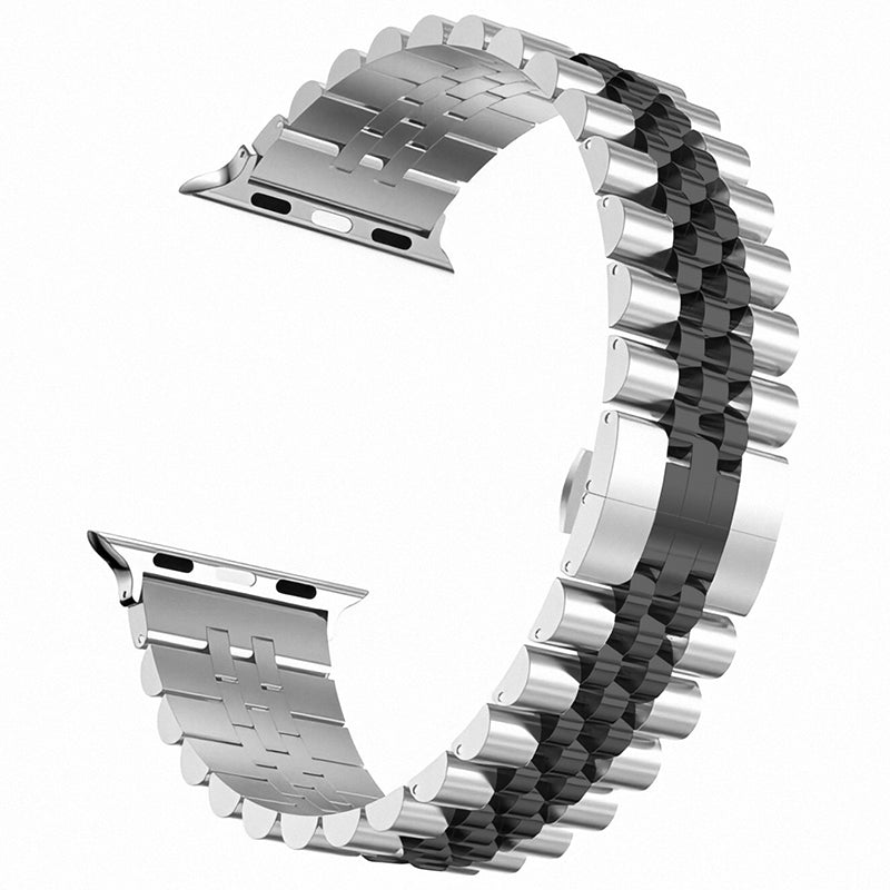Two-tone silver and black stainless steel jubilee bracelet for Apple Watch with compatible connector and clasp