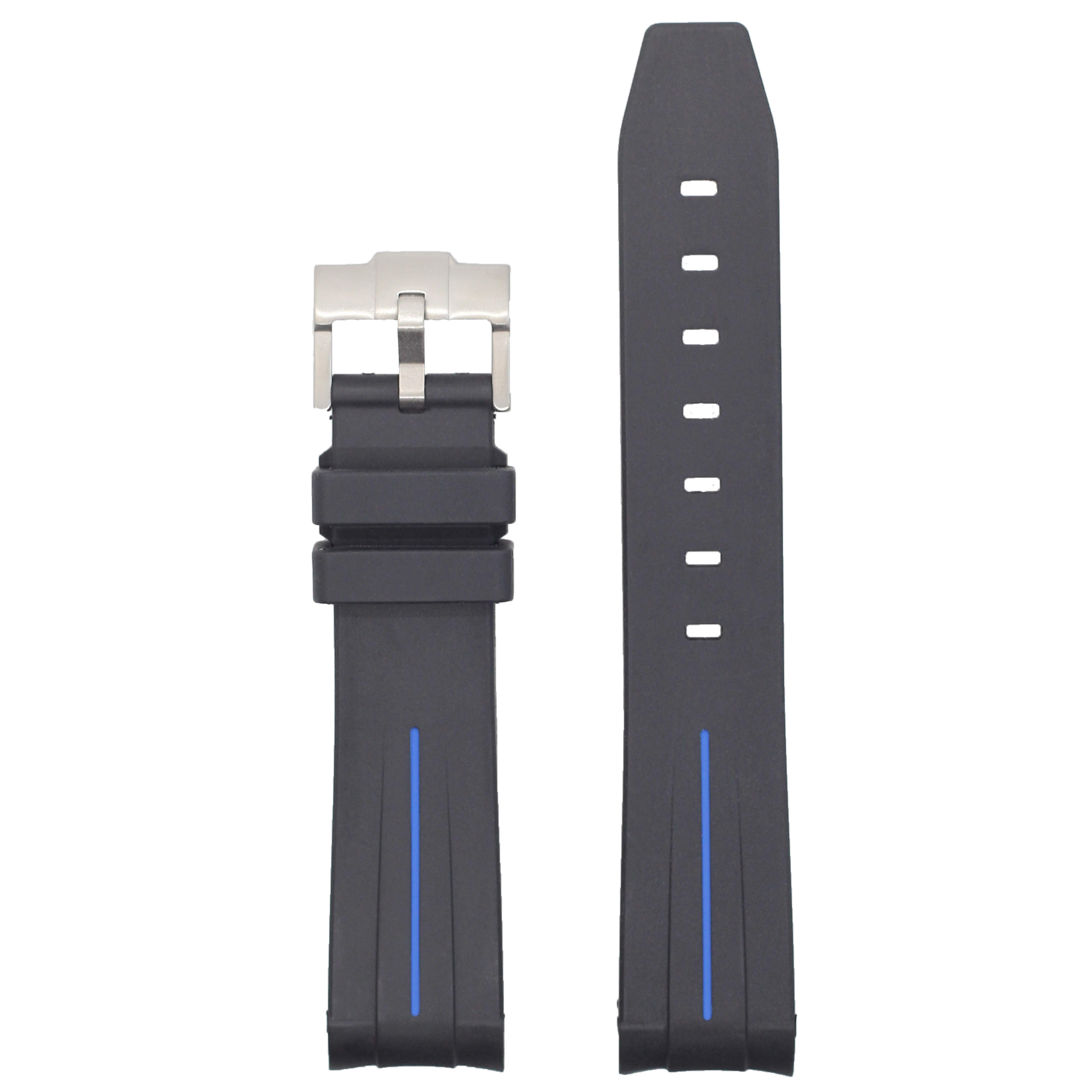 Black rubber watch strap with blue centerline and silver buckle, curved design, adjustable with white perforations
