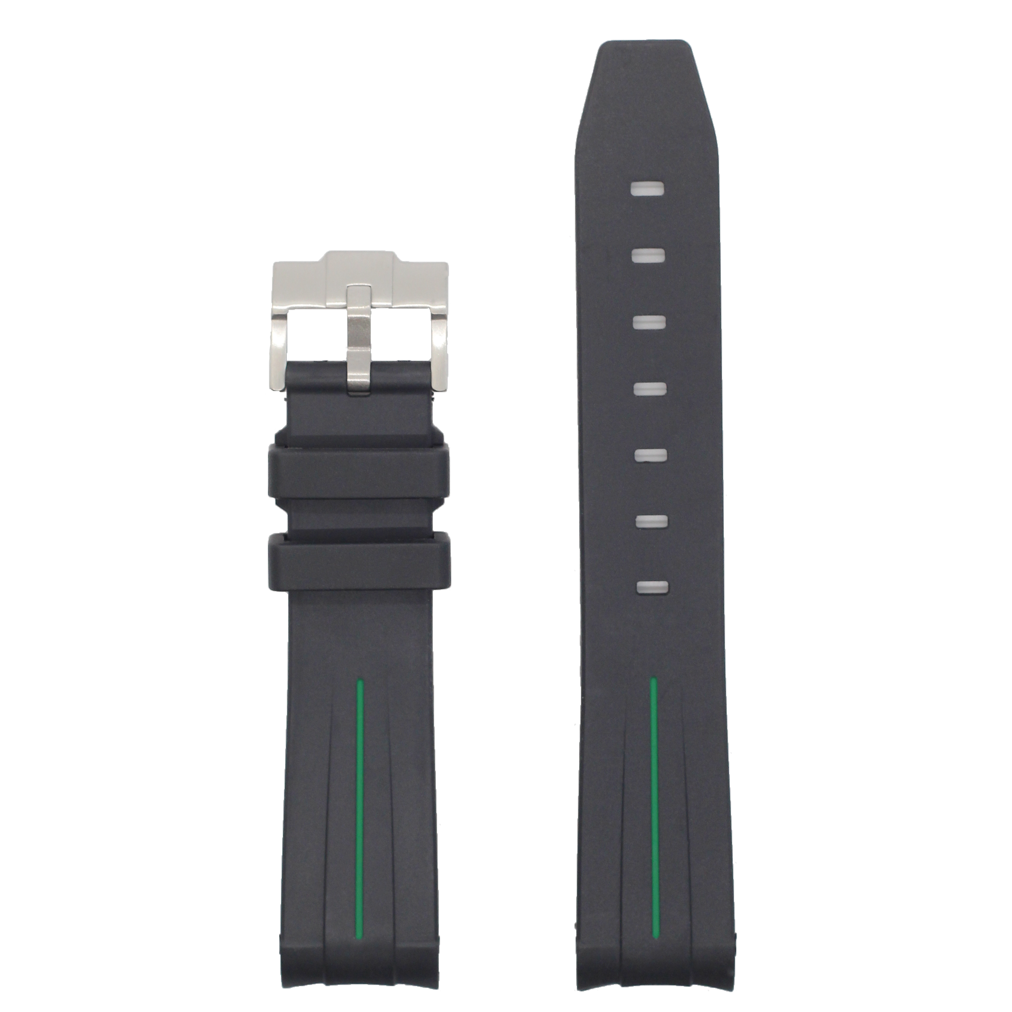 Black rubber watch strap with green centerline and silver stainless steel buckle, curved design with deployment clasp