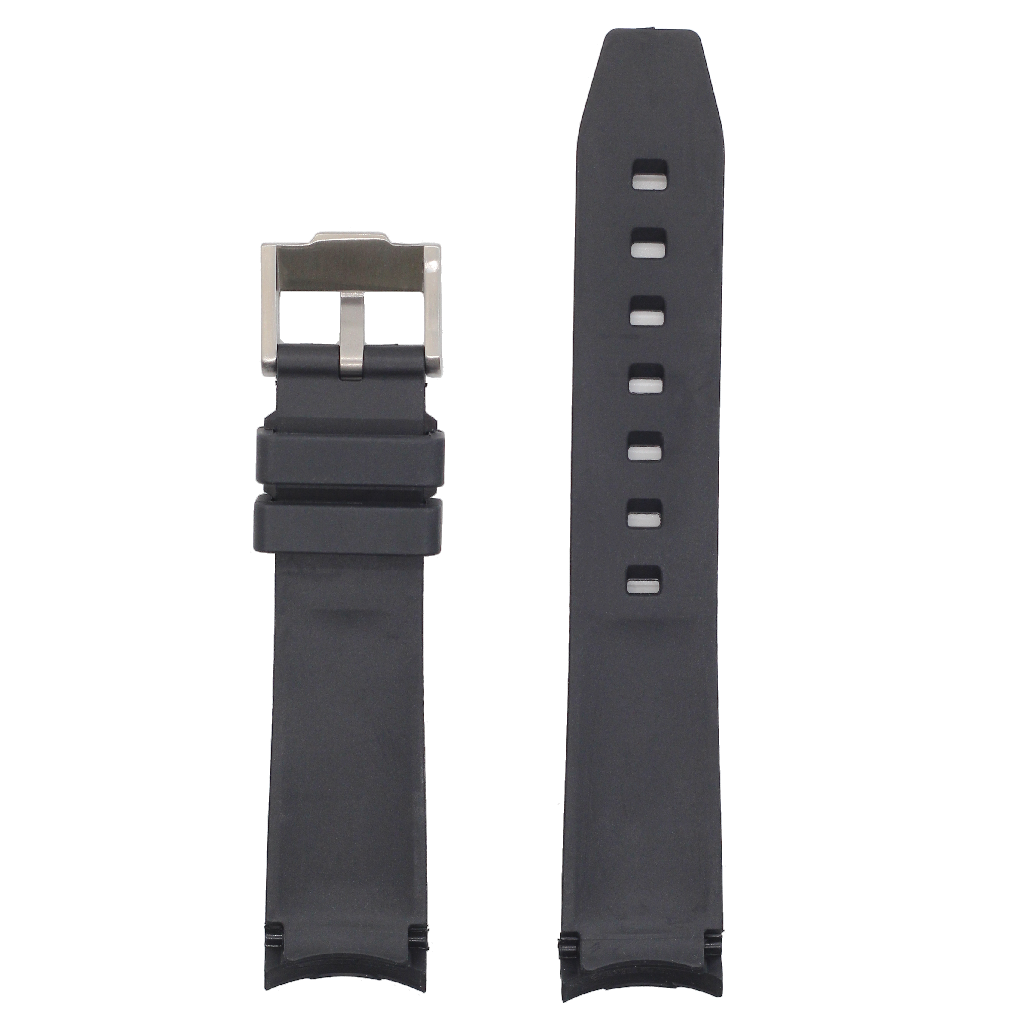Black curved rubber watch band with silver buckle and white centreline stitching for sport watches