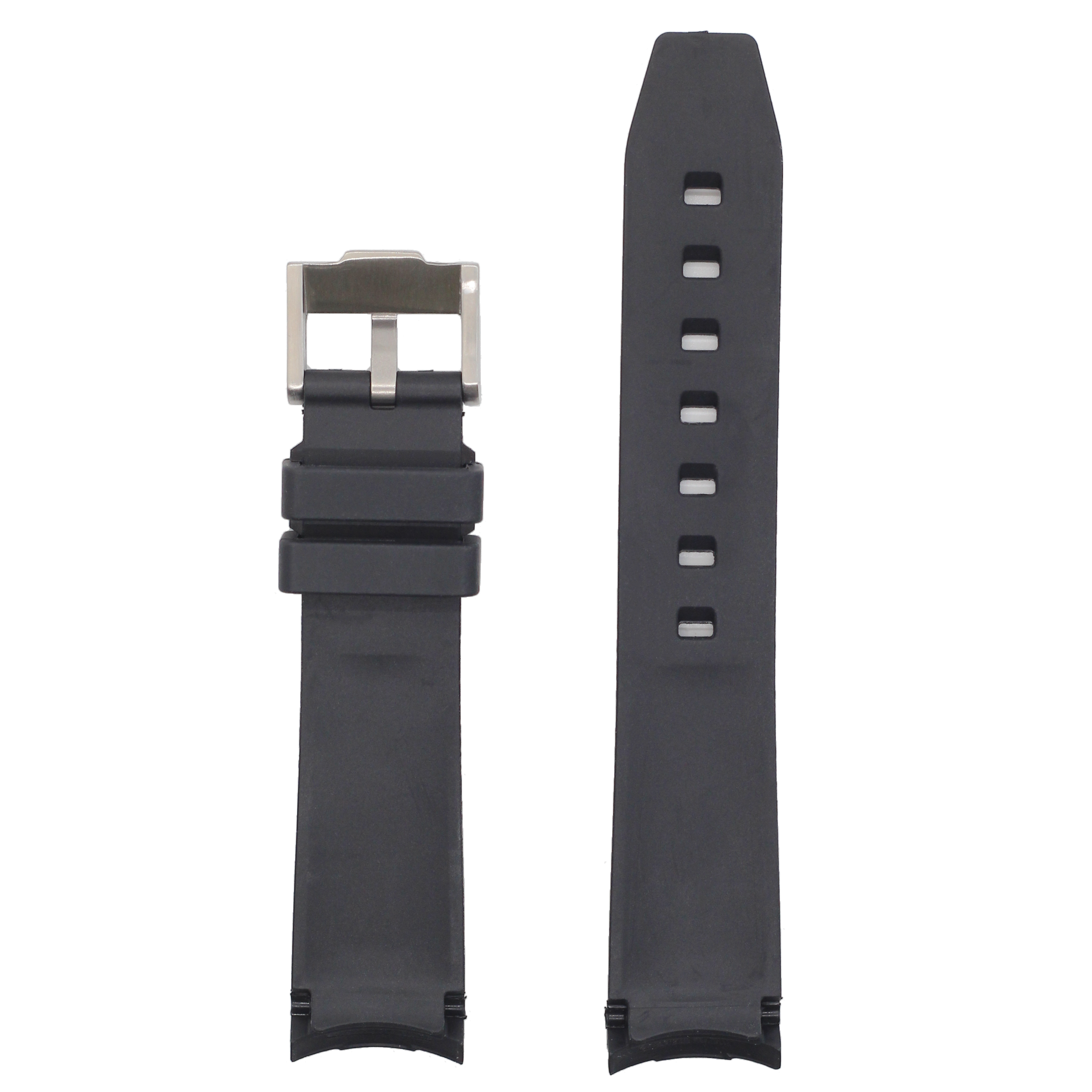 Black curved rubber watch band with silver buckle and red centreline detail, shown assembled and unassembled