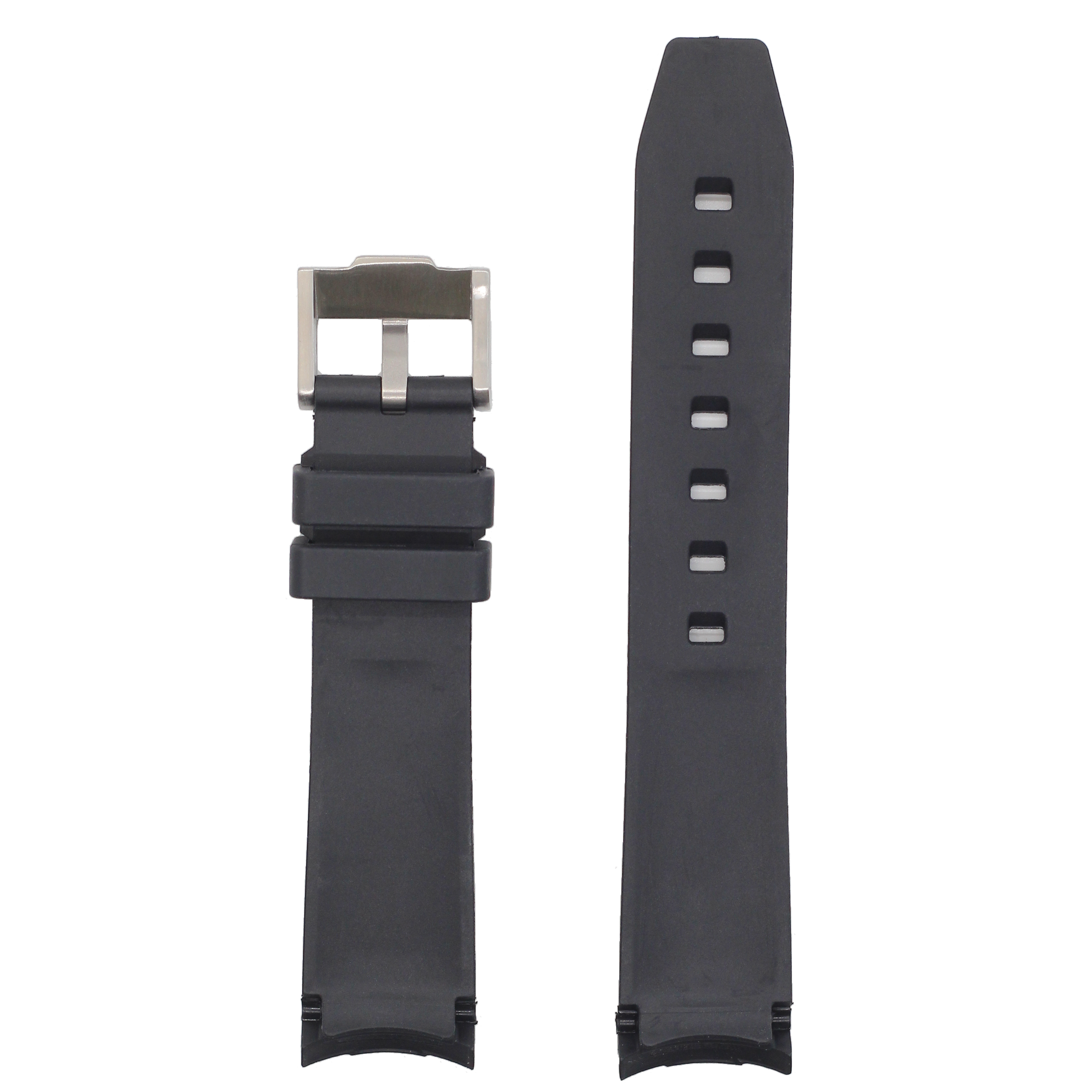 Black rubber watch strap with curved design, stainless steel buckle and adjustable perforated holes