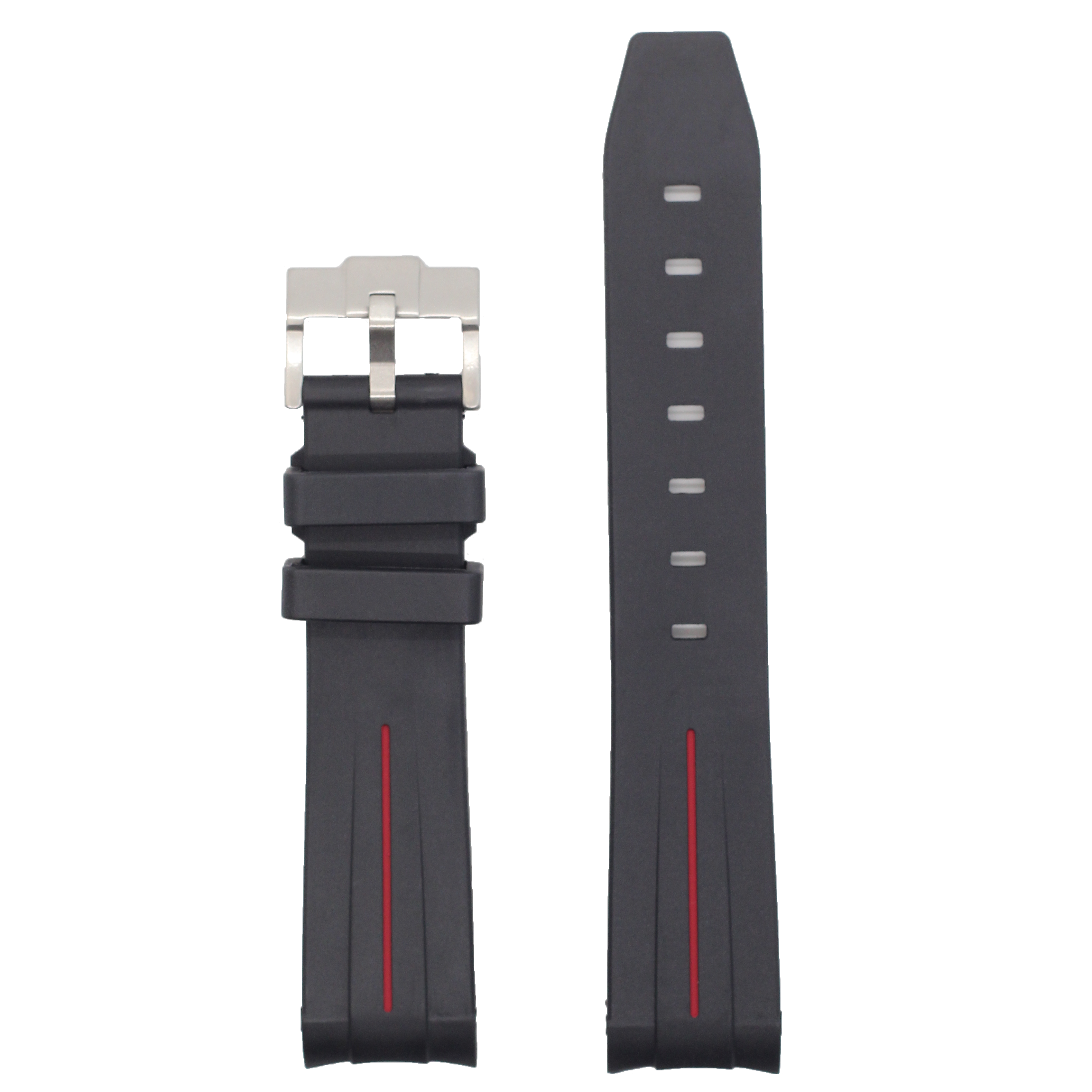 Black rubber watch band with red centerline and silver buckle, curved fit for sport watches