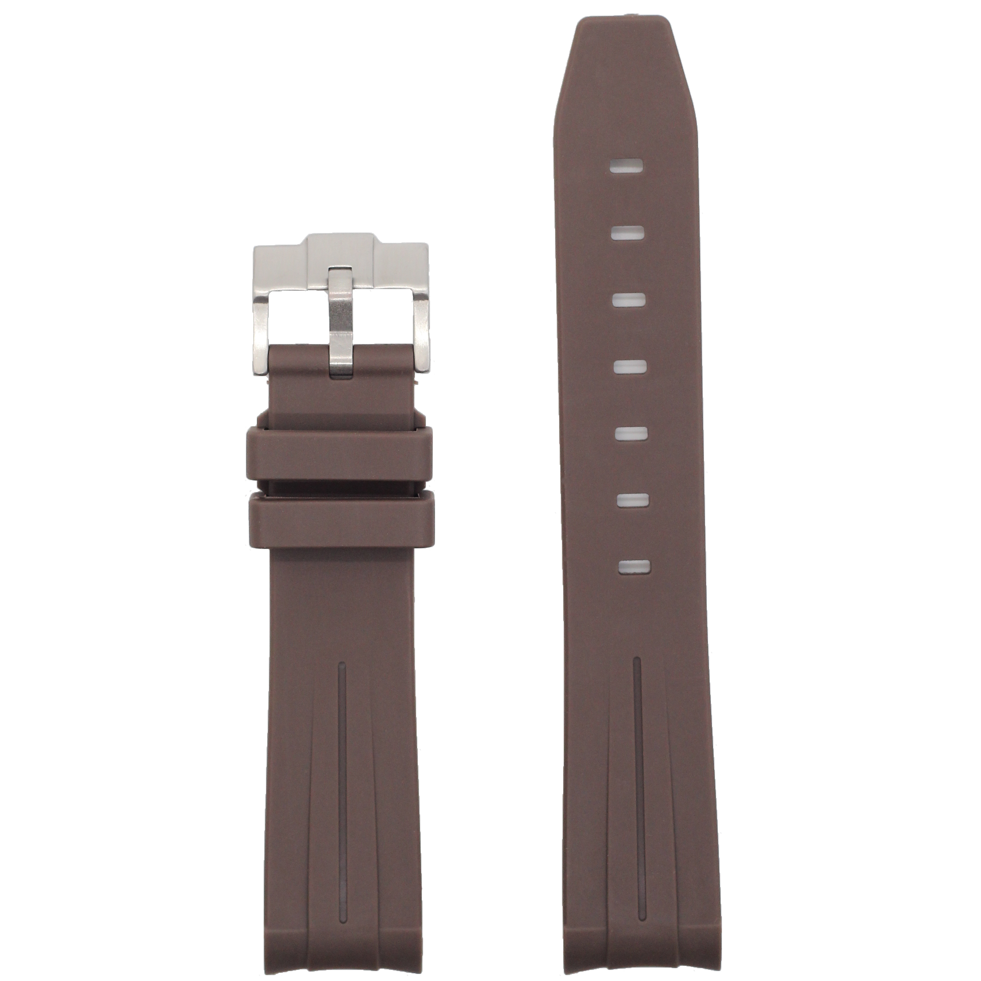 Brown curved rubber watch strap with stainless steel buckle and adjustment holes