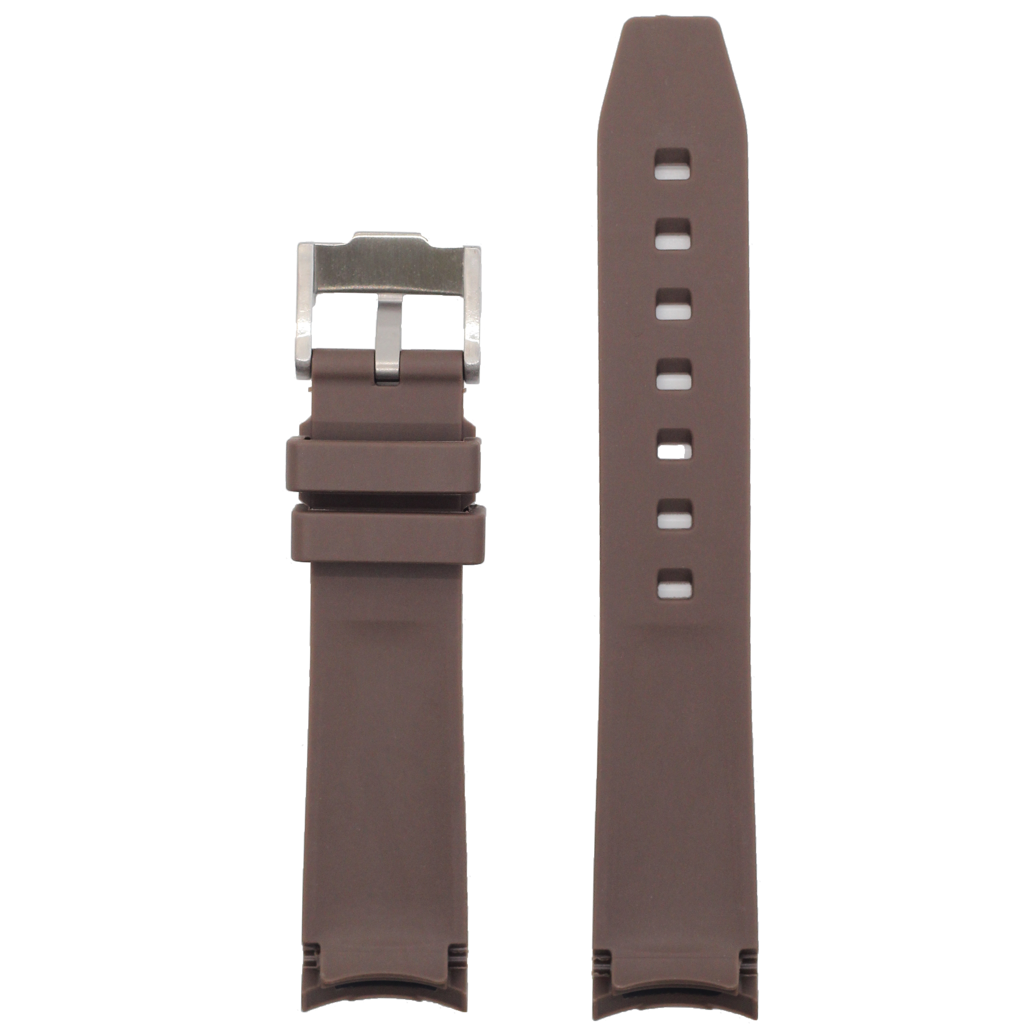 Brown curved rubber watch strap with stainless steel buckle and adjustment holes