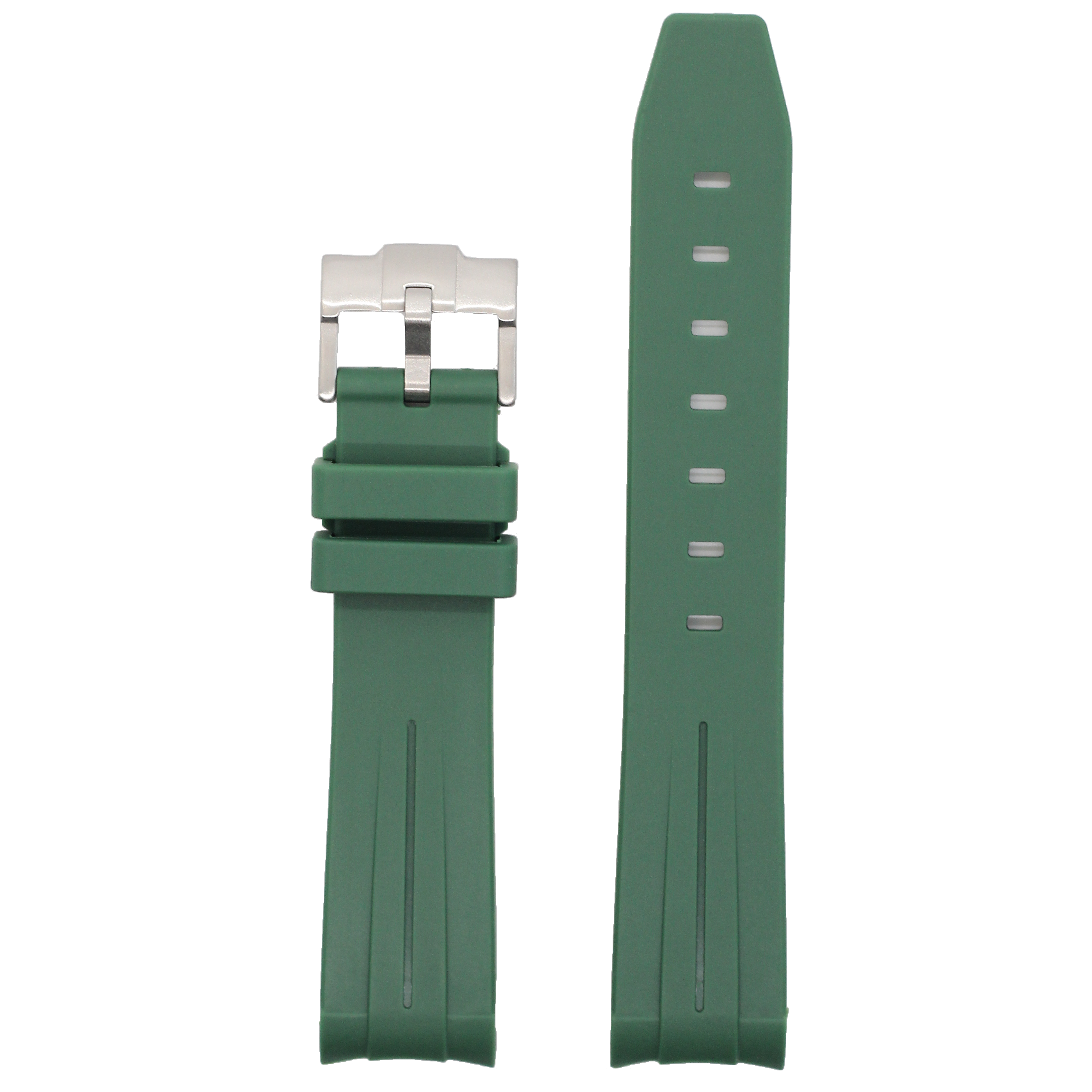 Green curved rubber watch strap with stainless steel buckle, displaying front and back views with adjustment holes