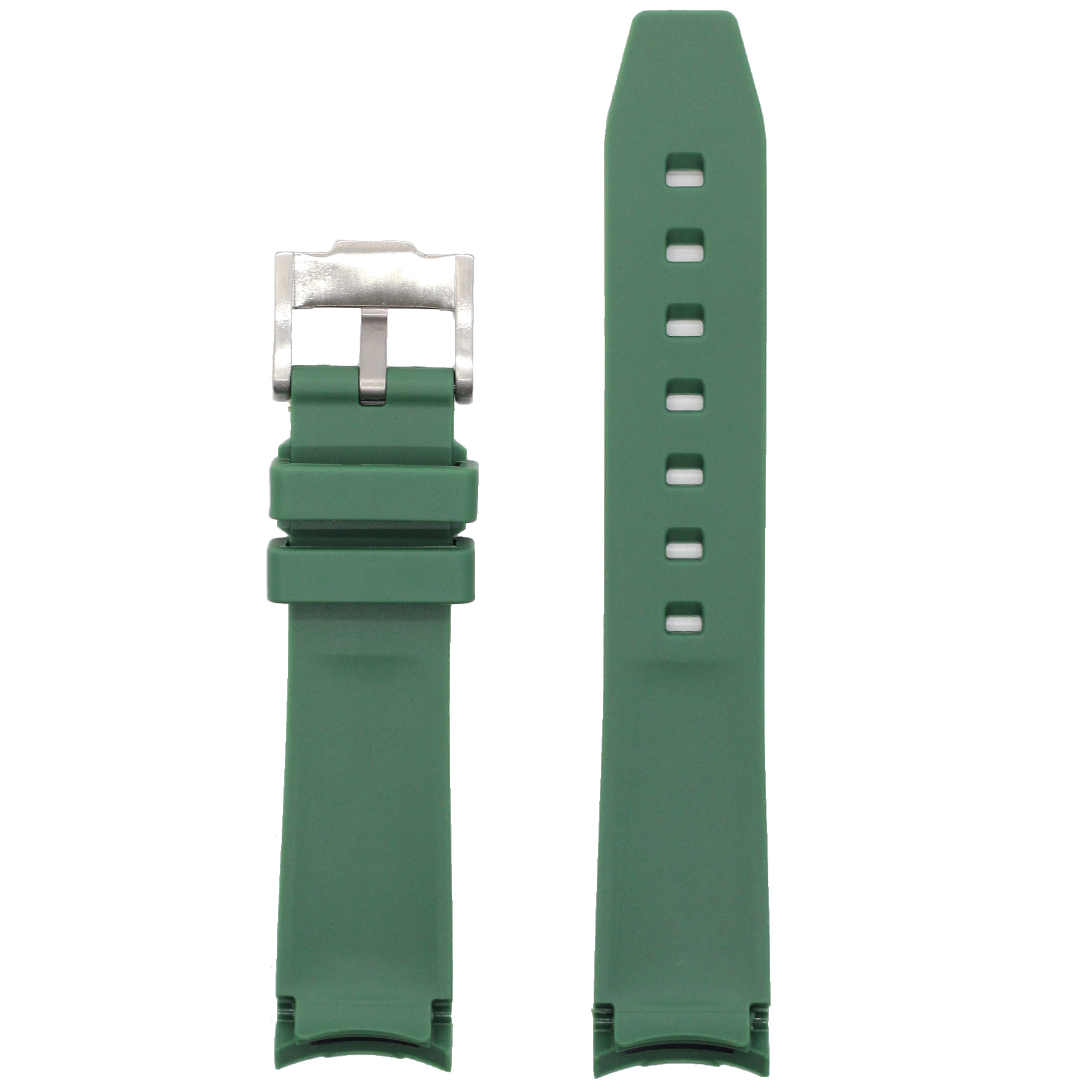 Green rubber watch strap with curved ends, silver buckle, and adjustment holes for comfortable fit