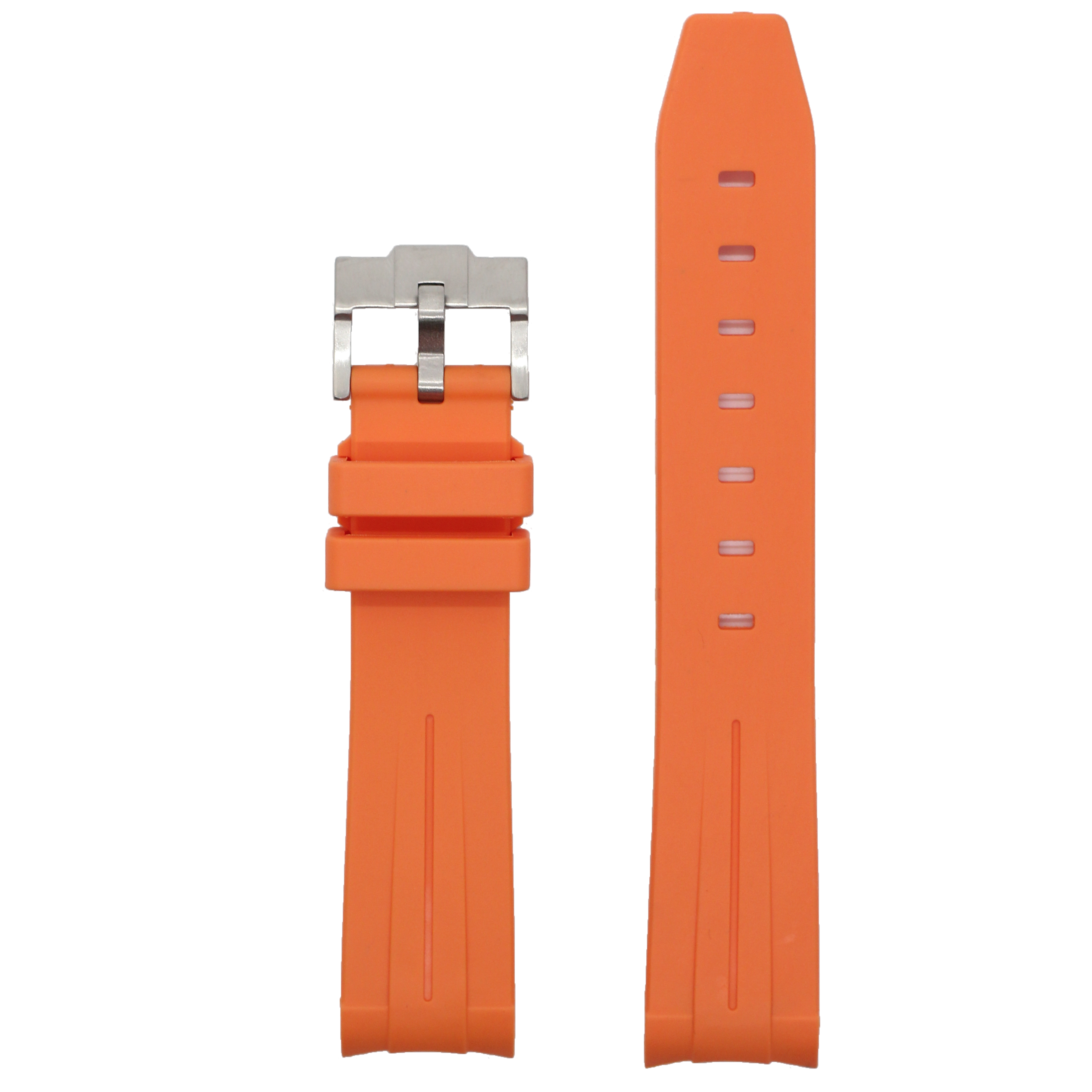 Orange curved rubber watch strap with stainless steel buckle and adjustment holes