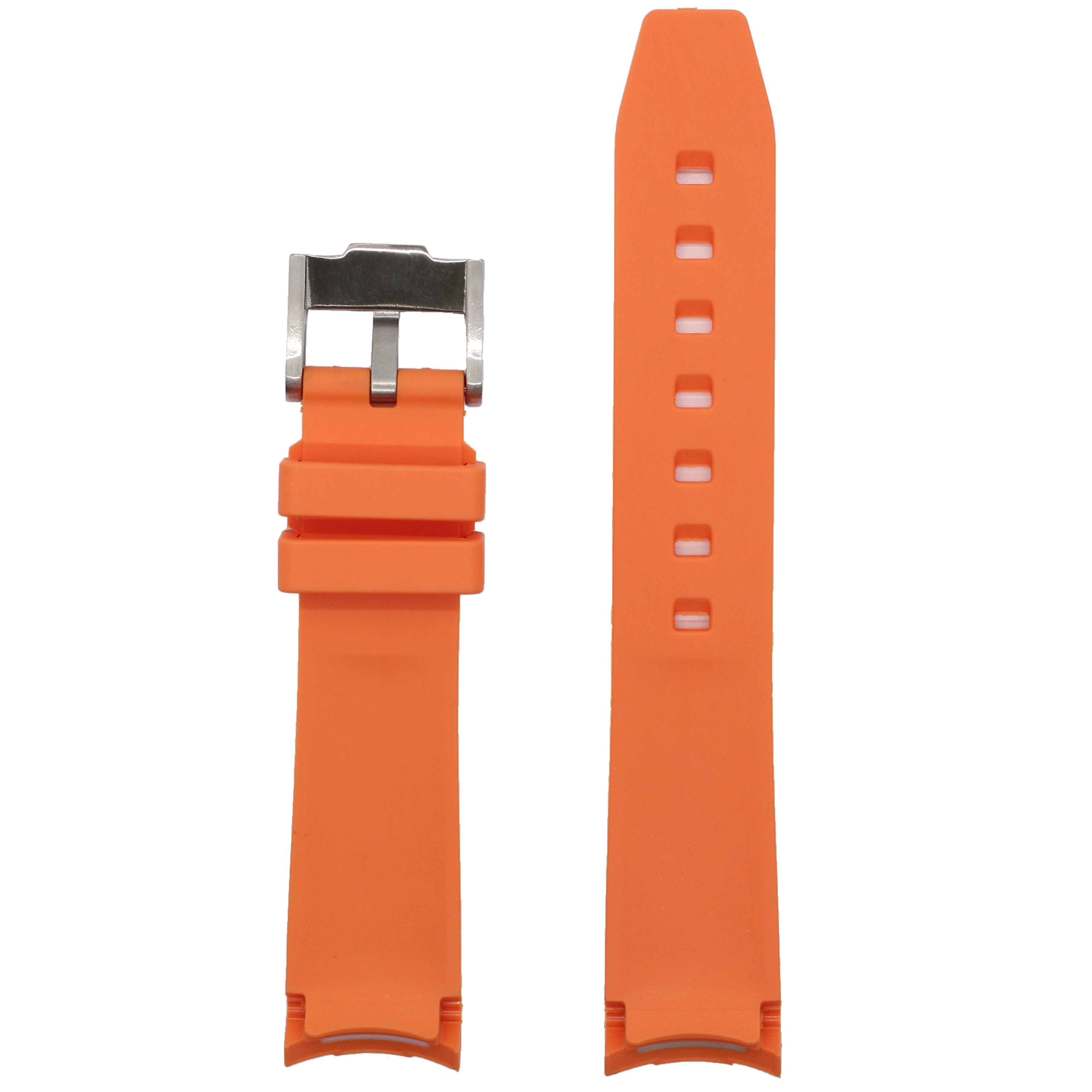 Orange curved flexi rubber watch strap with stainless steel buckle and adjustment holes