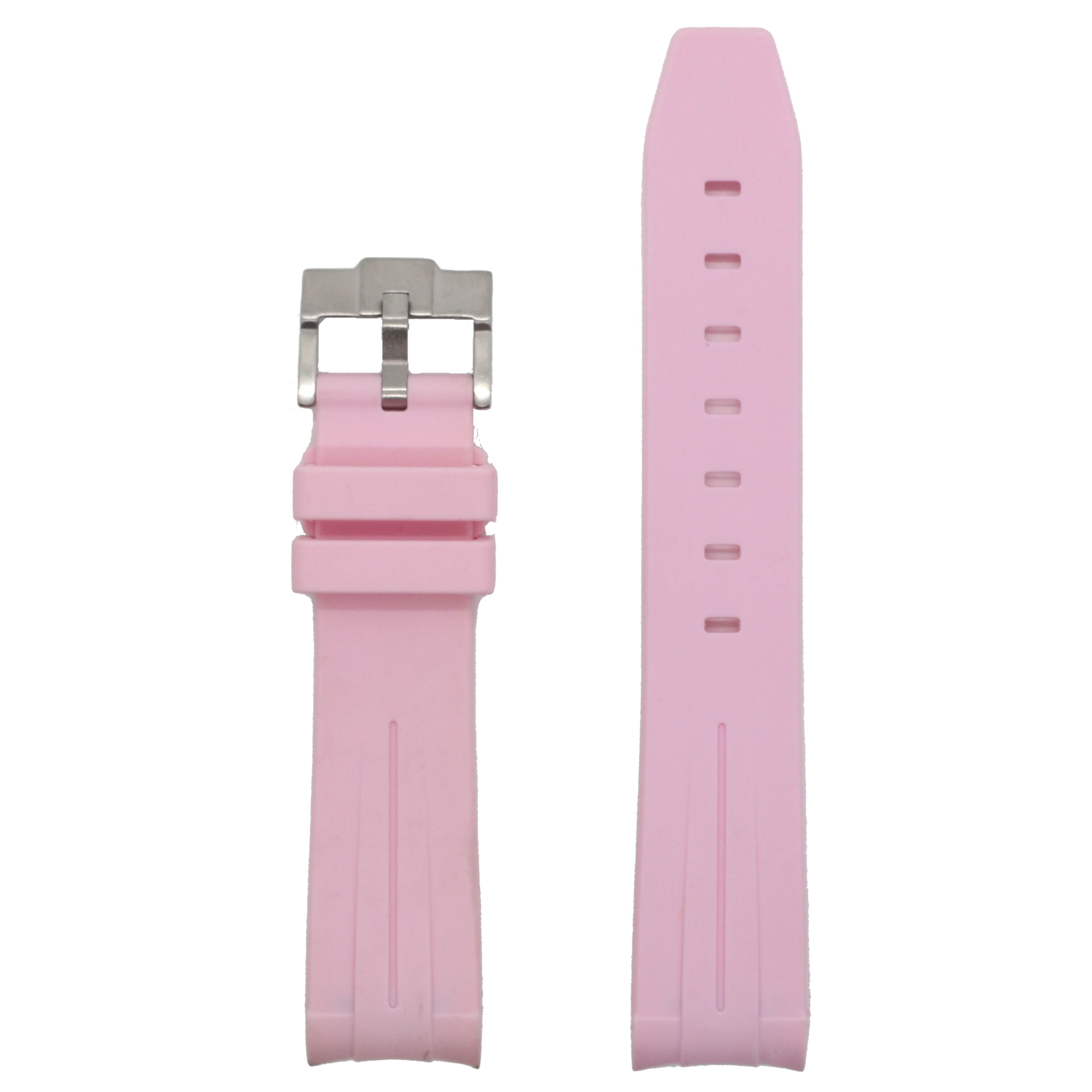 Pink curved rubber watch band with stainless steel buckle, shown fastened and extended view