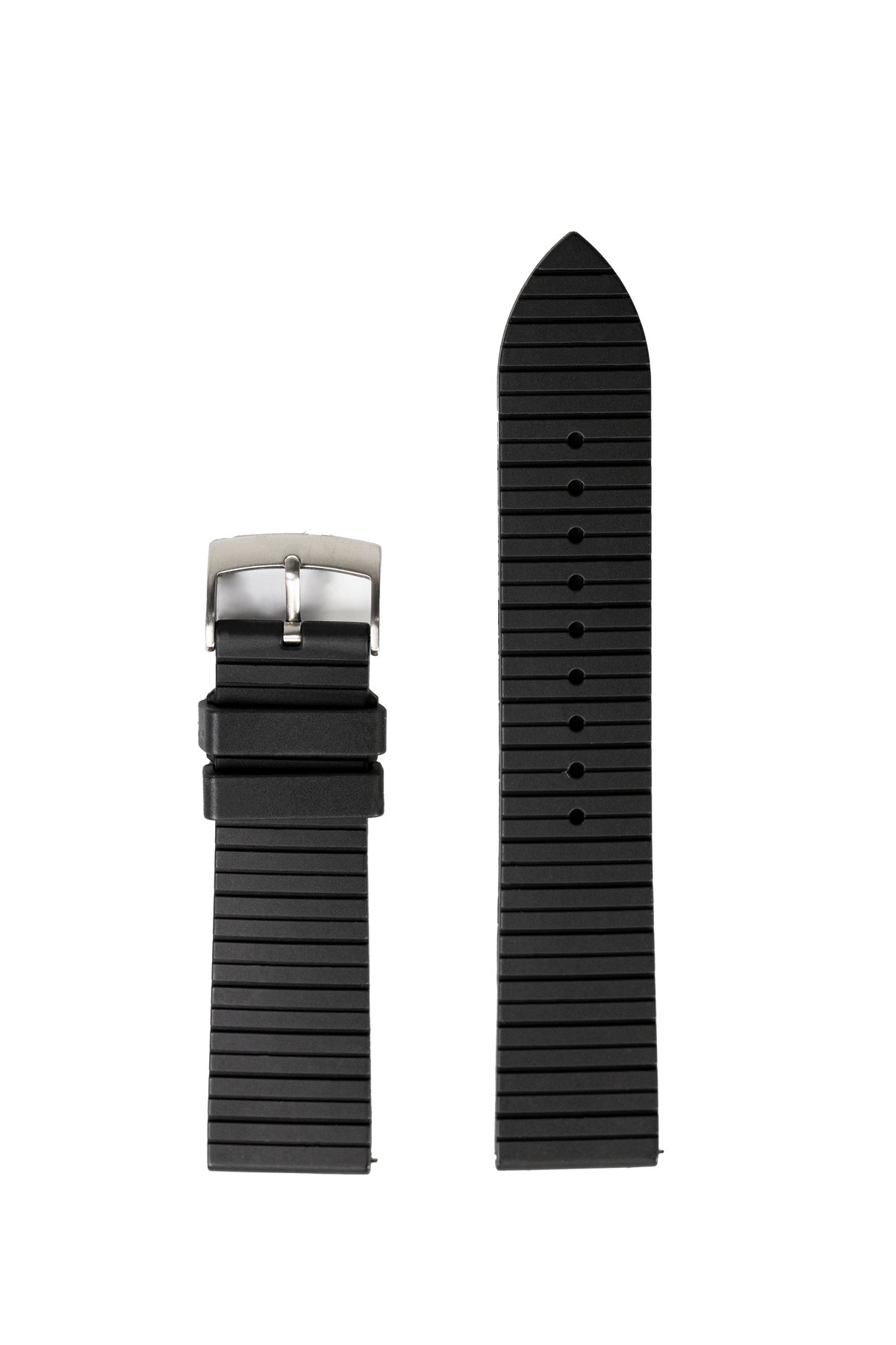 Black rubber watch band with horizontal grooves, silver buckle, shown assembled and unassembled on white background