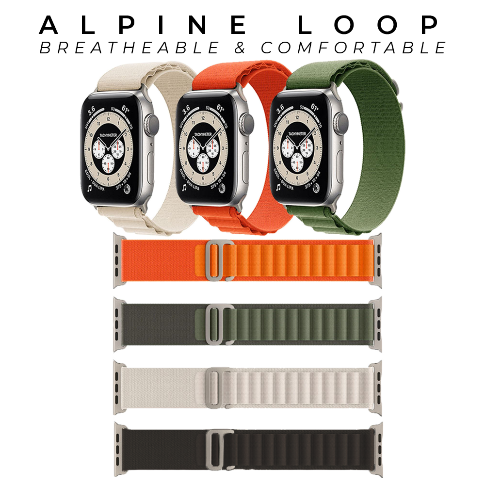 Alpine Loop breathable smartwatch bands in beige, orange, green and black with matching Apple Watch models