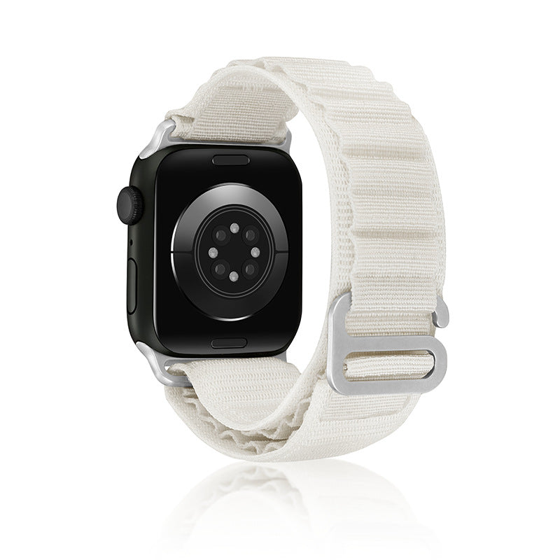 Black smartwatch with white woven fabric Alpine Loop band and silver hardware for Apple Watch