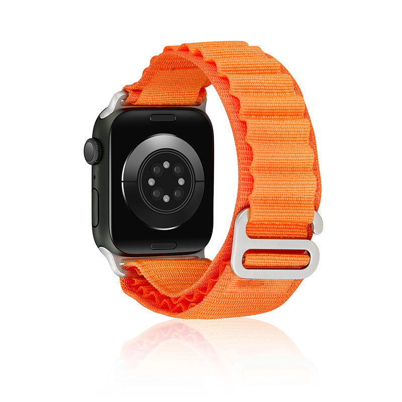 Smartwatch with black case and bright orange woven fabric Alpine Loop band featuring silver adjustable slider closure