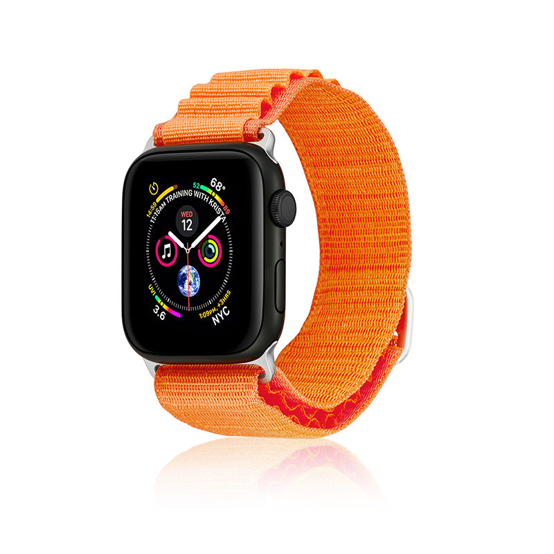 Black smartwatch with colorful dial and bright orange alpine loop fabric band