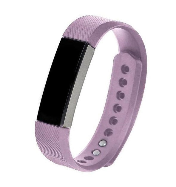 Purple silicone fitness tracker band with black display screen and adjustable clasp for wrist monitoring