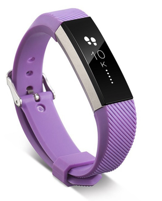 Purple silicone fitness tracker band with textured design, black display showing time, metal buckle clasp, and adjustable wrist strap