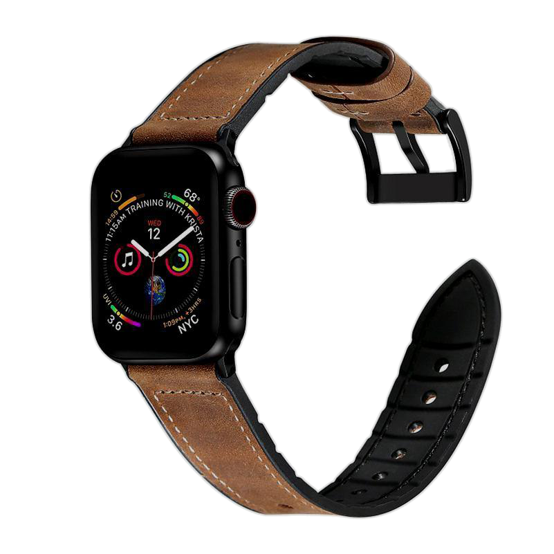 Black smartwatch with dark brown leather and black silicone hybrid band, featuring colorful watch face with fitness rings and activity complications