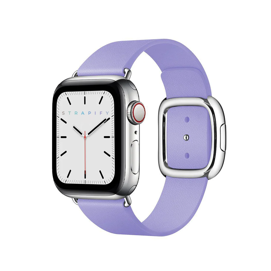 Silver stainless steel smartwatch with white dial and lilac leather modern buckle band