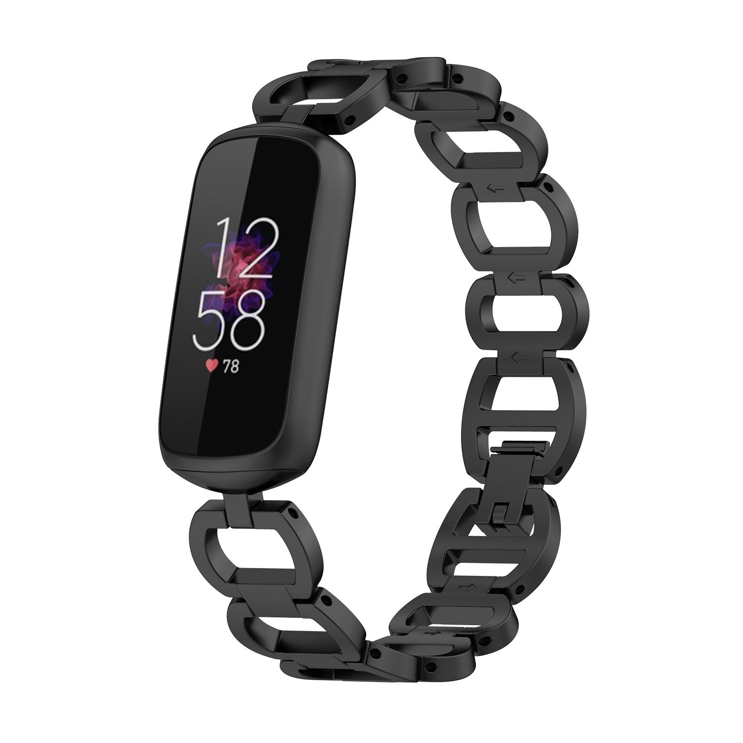 Black stainless steel chain bracelet for Fitbit Luxe fitness tracker with link design and secure clasp closure