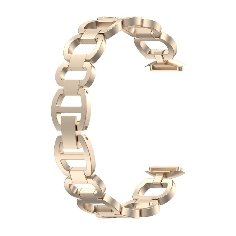 Rose gold chain link bracelet for Fitbit Luxe fitness tracker with polished metal links and secure clasp closure