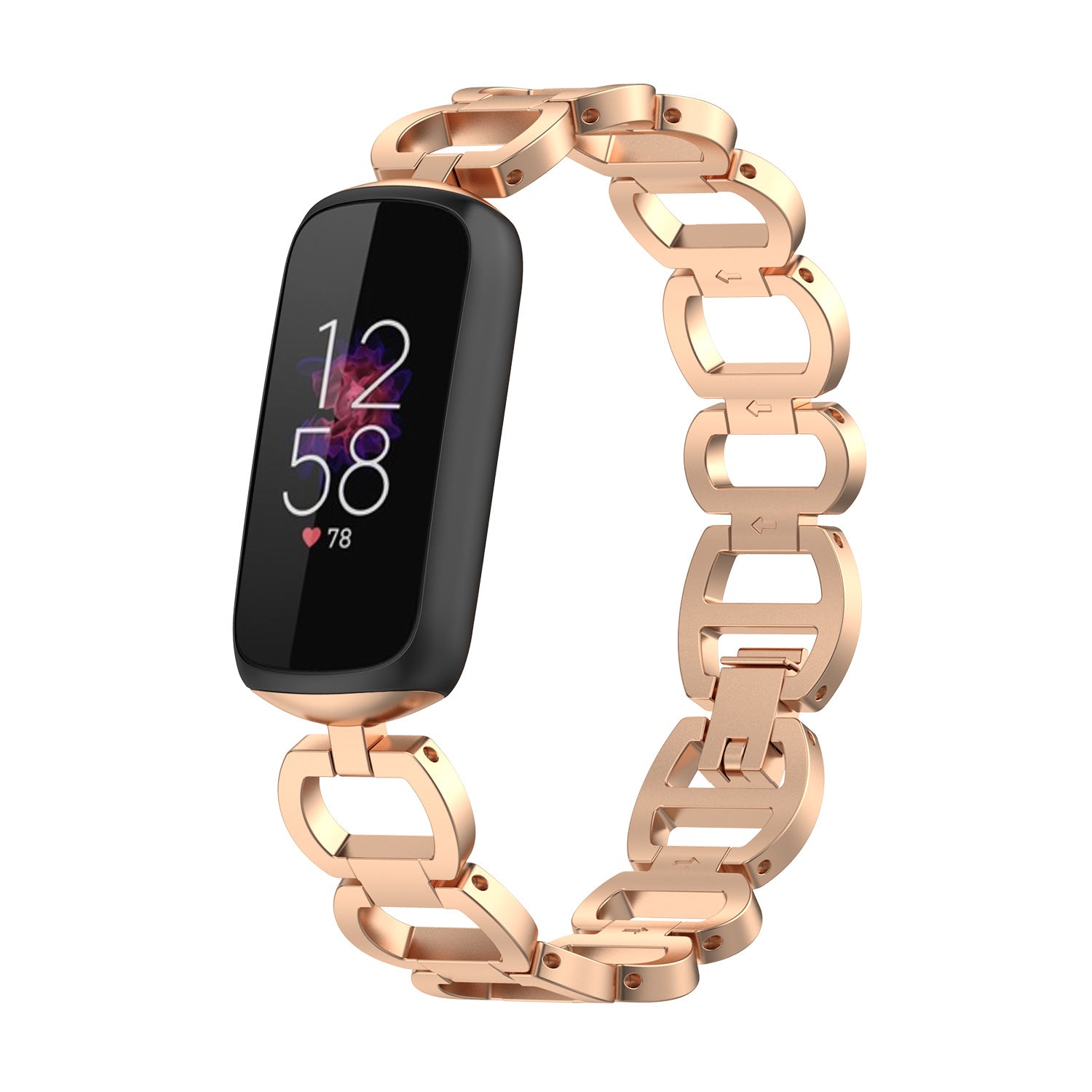 Rose gold stainless steel chain bracelet band for Fitbit Luxe fitness tracker with curved links and secure clasp