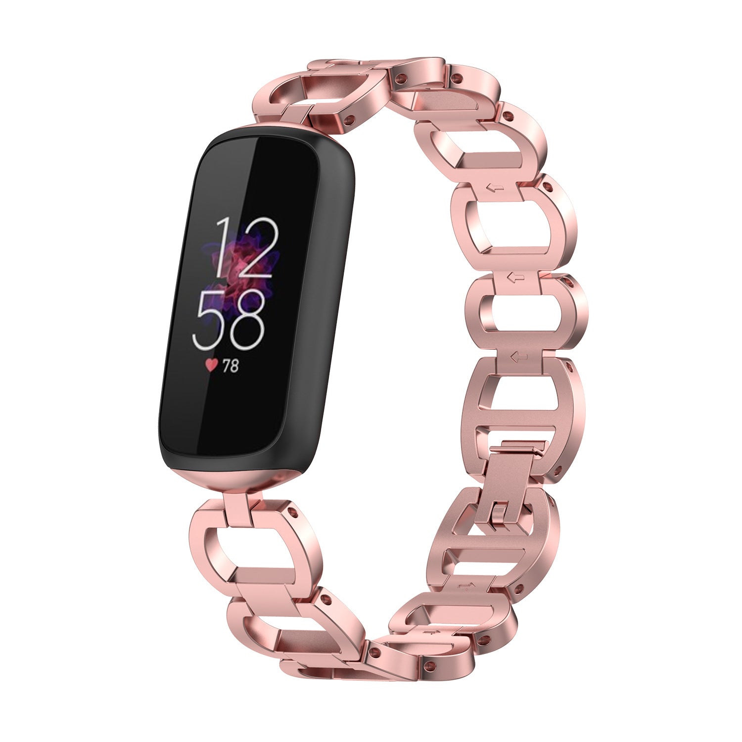 Rose gold chain link bracelet for Fitbit Luxe fitness tracker with heart rate display on black screen