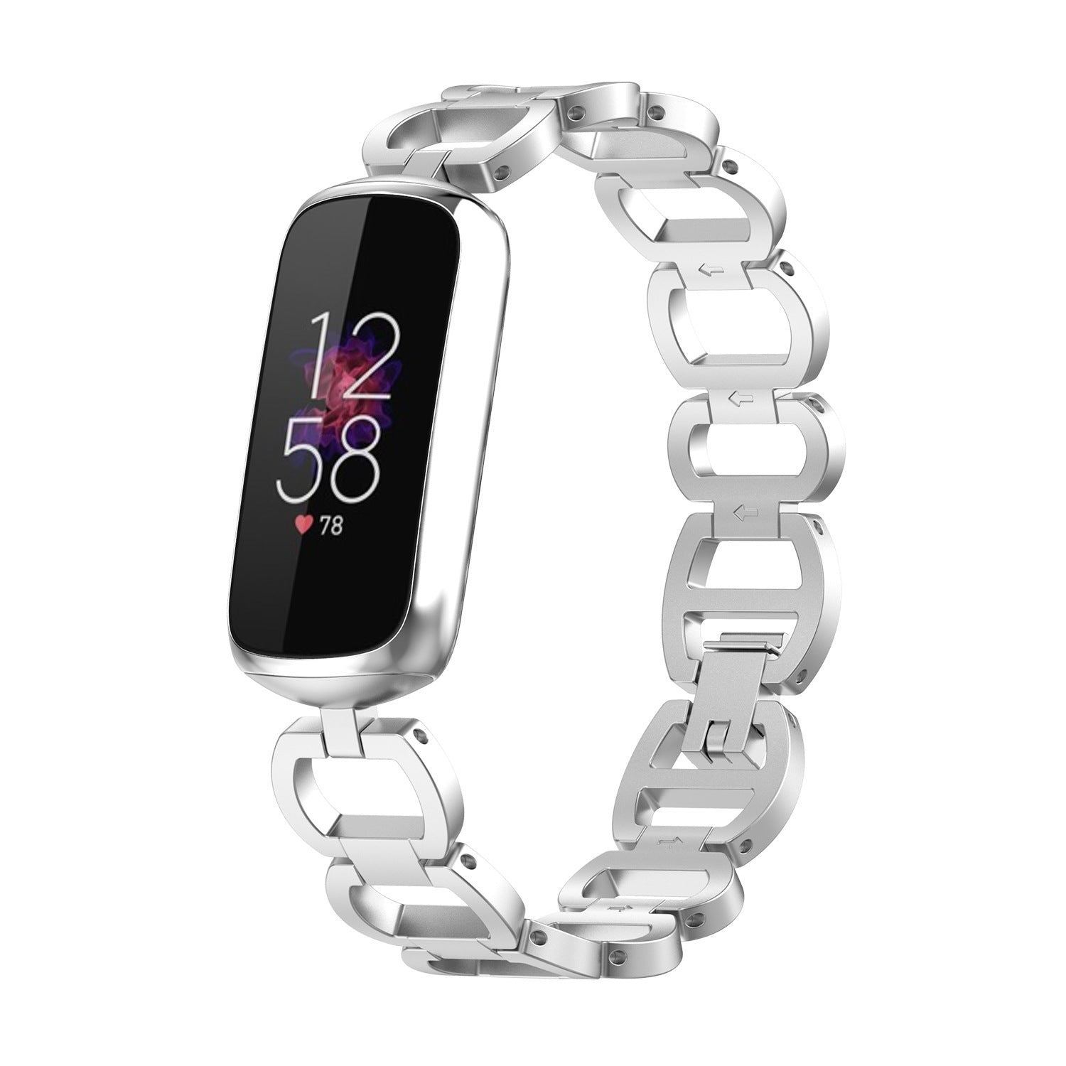 Silver stainless steel chain bracelet band for Fitbit Luxe fitness tracker with linked geometric design and secure clasp closure