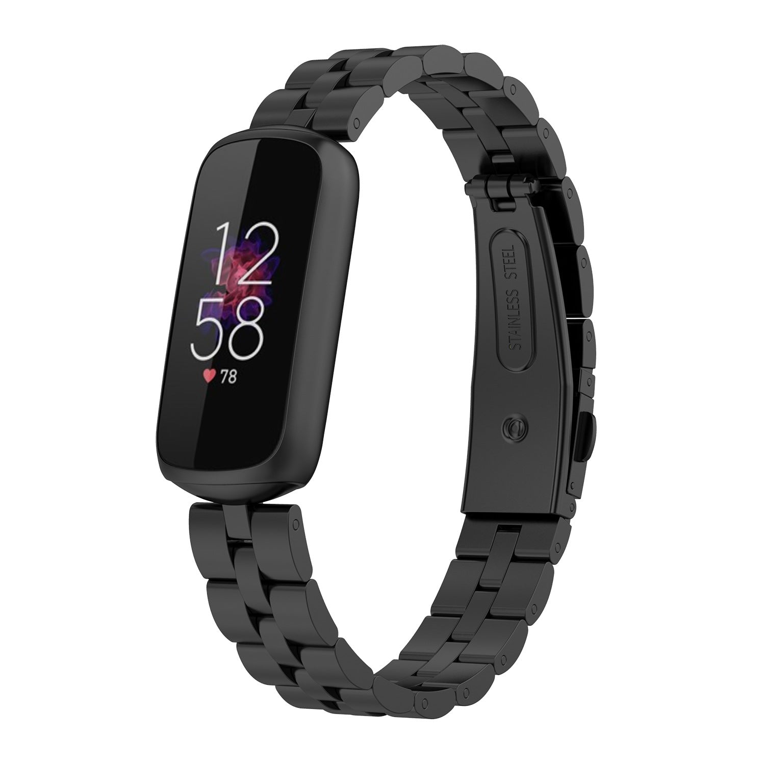 Black stainless steel bracelet band for Fitbit Luxe fitness tracker with heart rate display