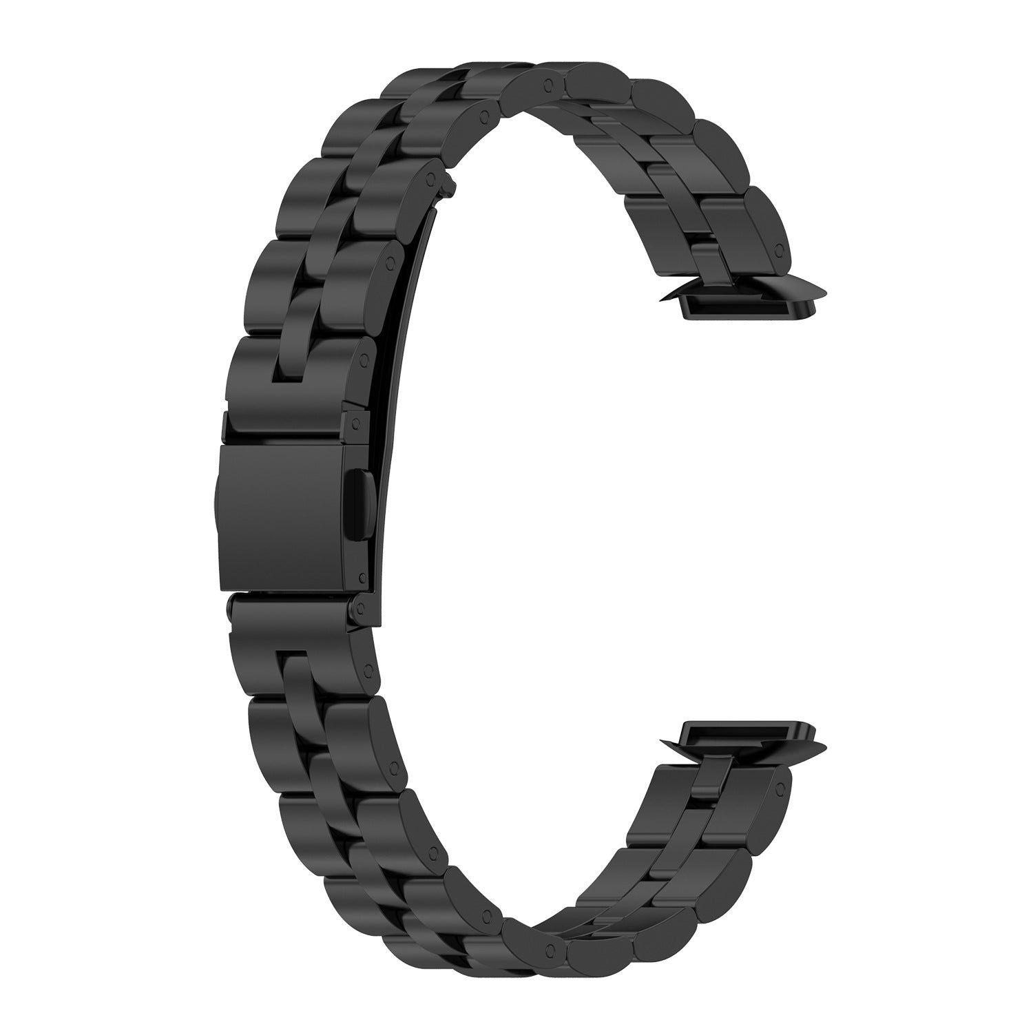 Black stainless steel link bracelet band for Fitbit Luxe smartwatch with adjustable clasp closure
