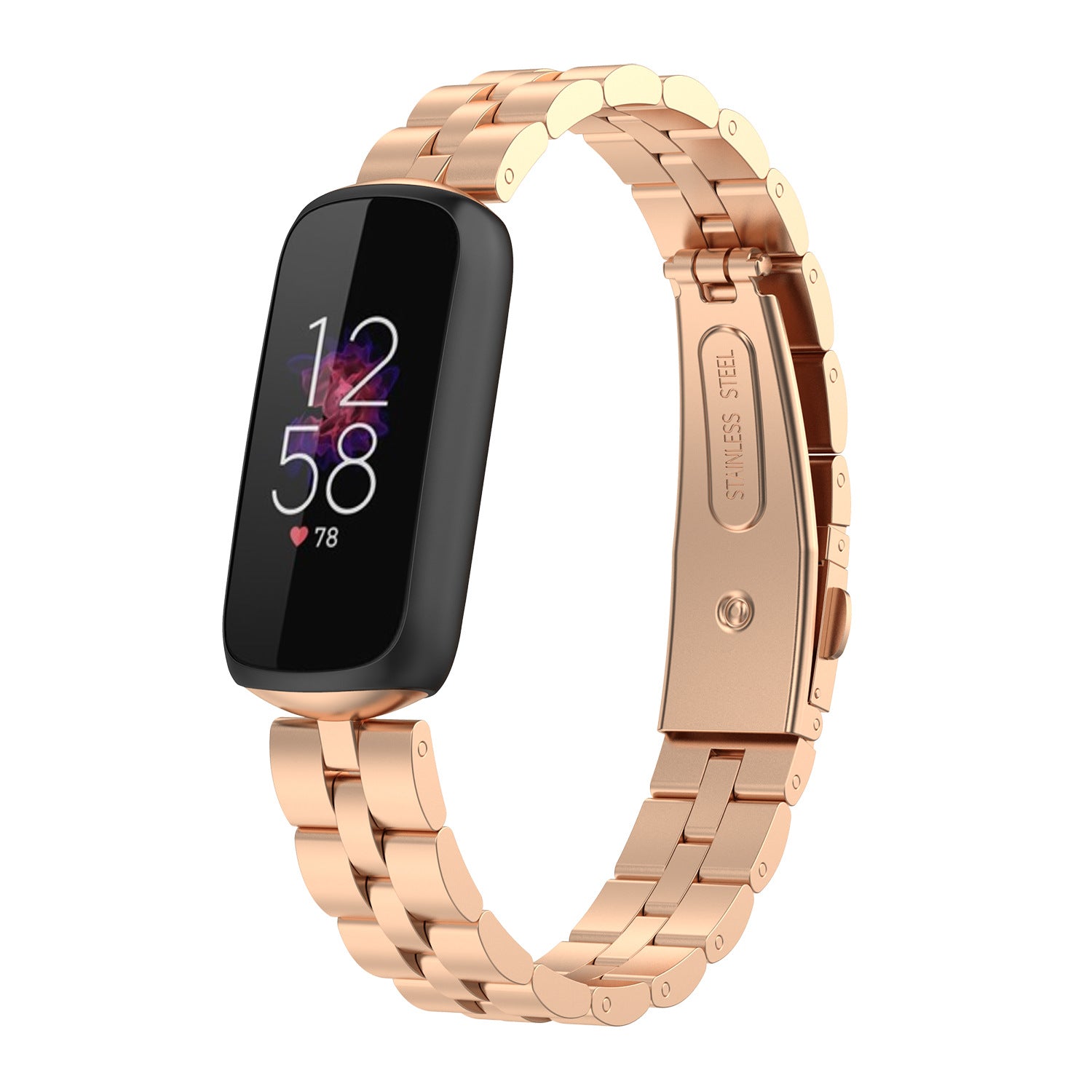 Rose gold stainless steel bracelet band for Fitbit Luxe fitness tracker with adjustable links and clasp closure