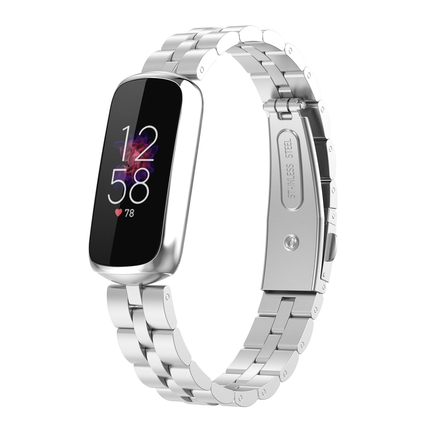 Fitbit Luxe silver stainless steel bracelet band with OLED display showing time and heart rate monitor