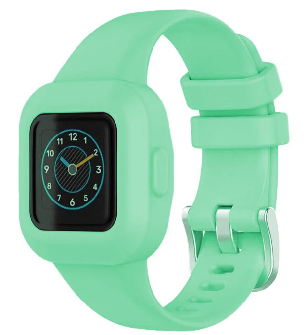 Mint green silicone band smartwatch with black digital clock face display and silver buckle closure