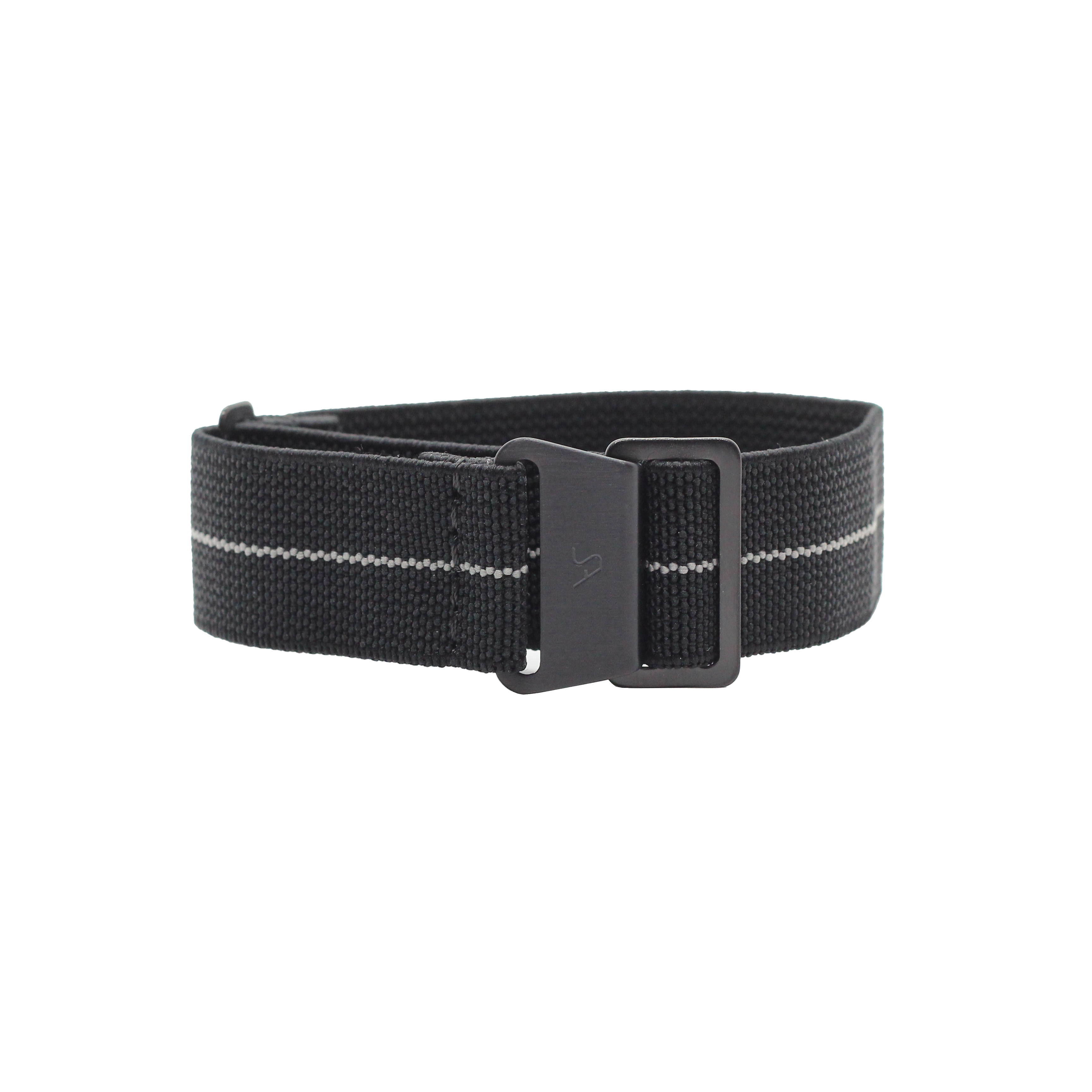 Black tactical canvas belt with white center stripe and black plastic buckle hardware