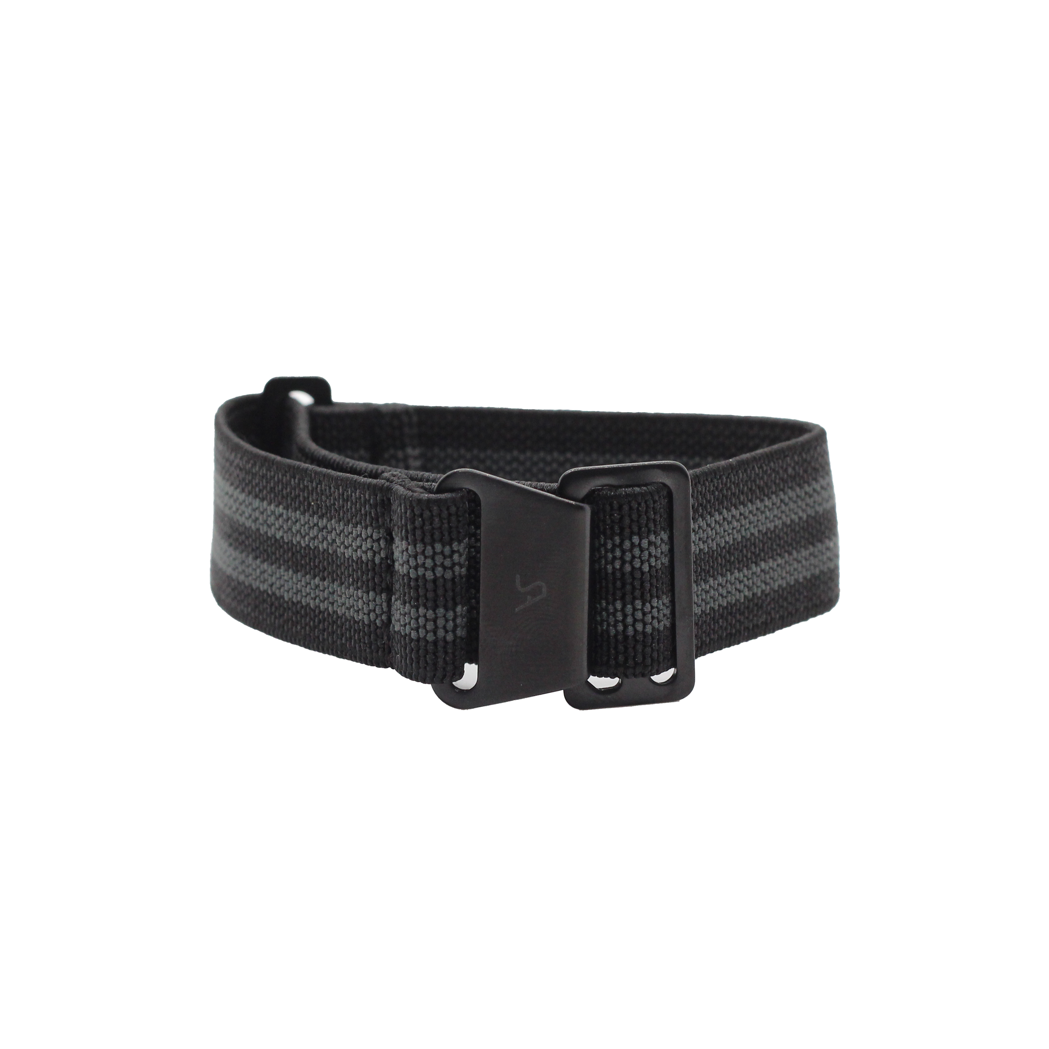 Black fabric military-style belt with plastic buckle and adjustable strap closure