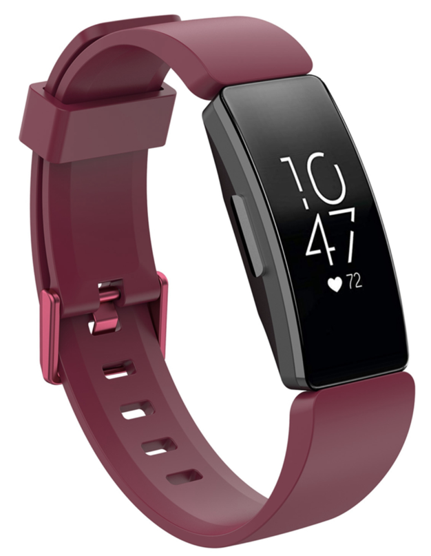 Burgundy silicone fitness tracker band with black display showing heart rate monitor and time, featuring adjustable buckle clasp