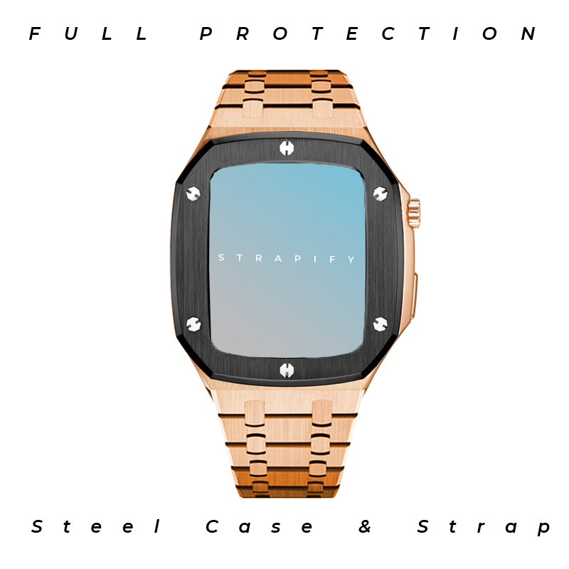 Luxury rose gold Apple Watch with black steel bezel, matching metal bracelet, and full protection case with Strapify branding on display