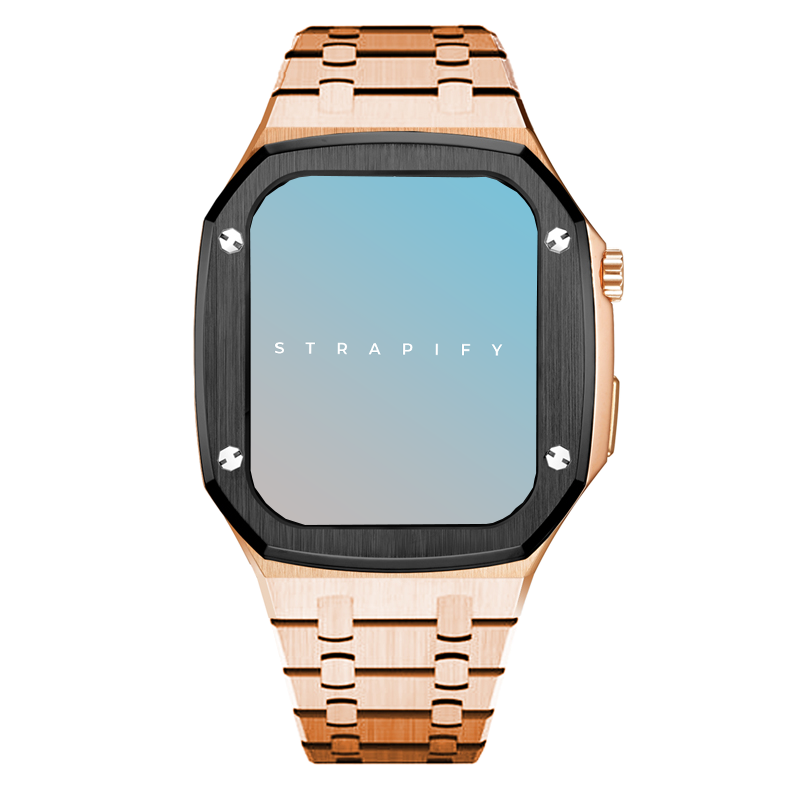 Rose gold stainless steel Apple Watch with black bezel, matching metal bracelet band, and Strapify luxury case displayed on white background