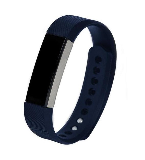 Navy blue silicone fitness tracker band with black display and adjustable strap with ventilation holes