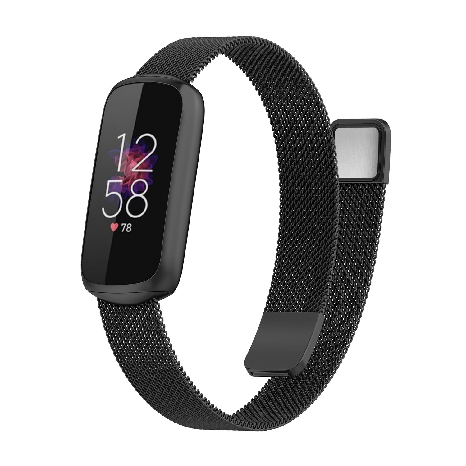 Black Fitbit Luxe fitness tracker with black milanese mesh band, displaying time and heart rate on OLED screen