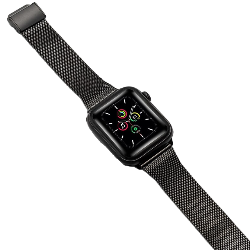 Black Milanese loop smartwatch with square face showing fitness rings and digital display, stainless steel mesh band with magnetic clasp