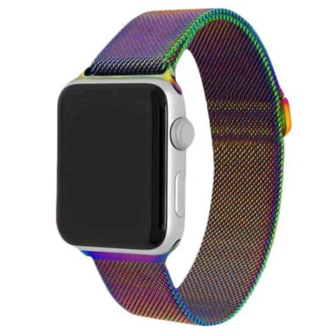 Colorful iridescent Milanese loop band for Apple Watch with rainbow chameleon gradient effect and adjustable magnetic closure