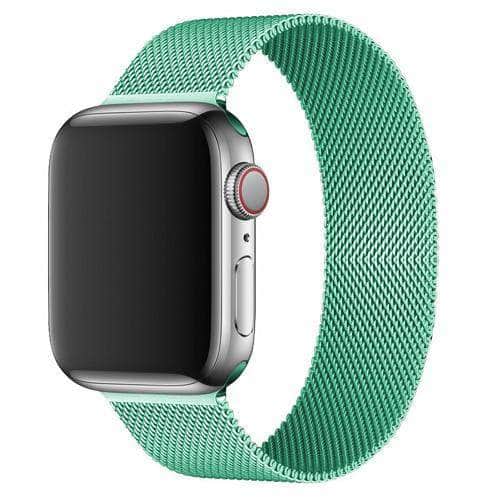 Silver Apple Watch with cyan Milanese loop mesh band on white background