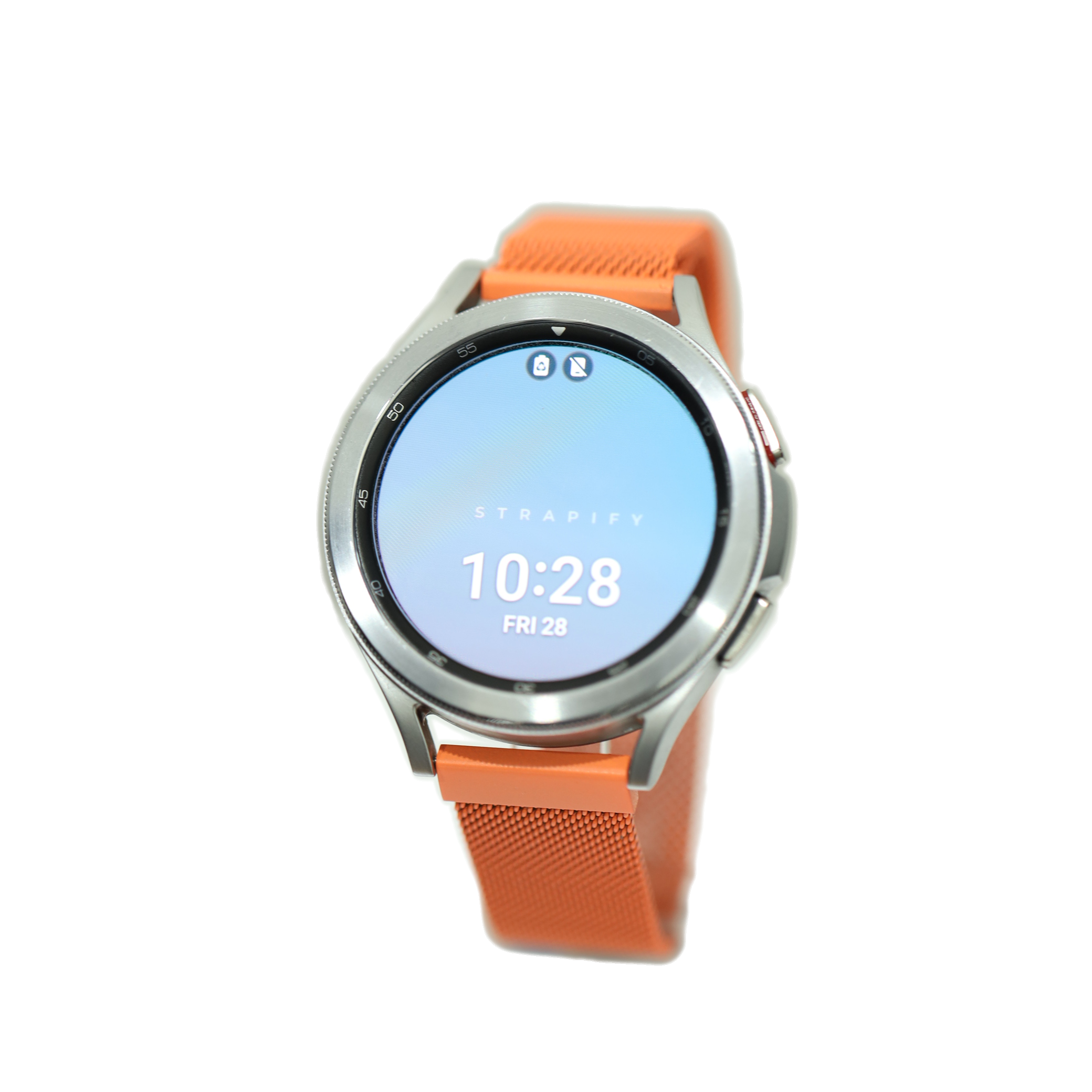 Strapify smartwatch with silver case, orange silicone band, and round digital display showing time 10:28